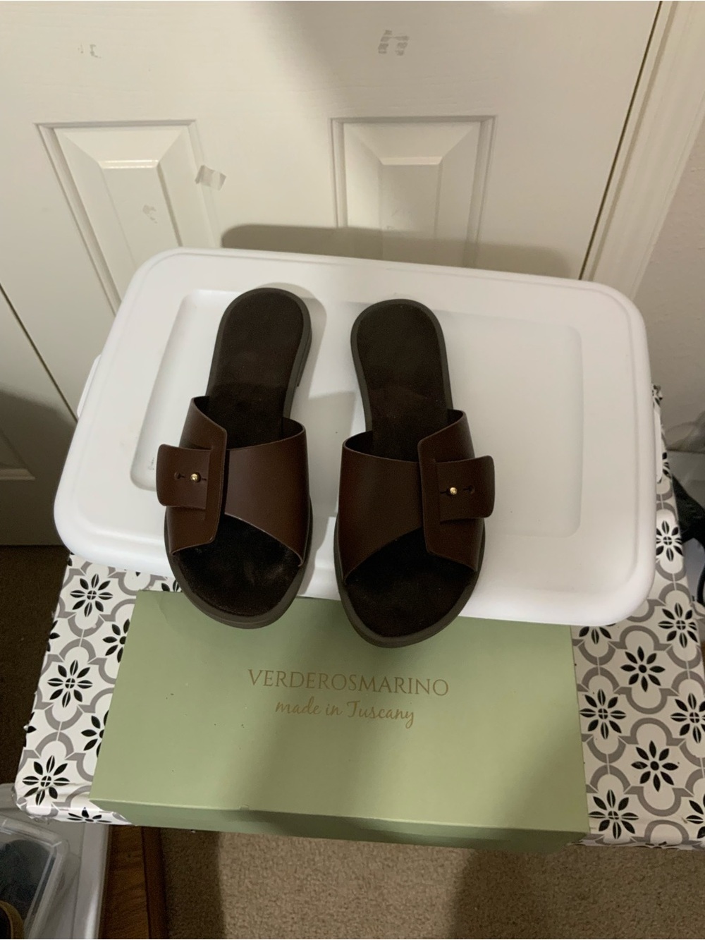 Dark Brown Verderosmarino slide sandals feature buckle detail